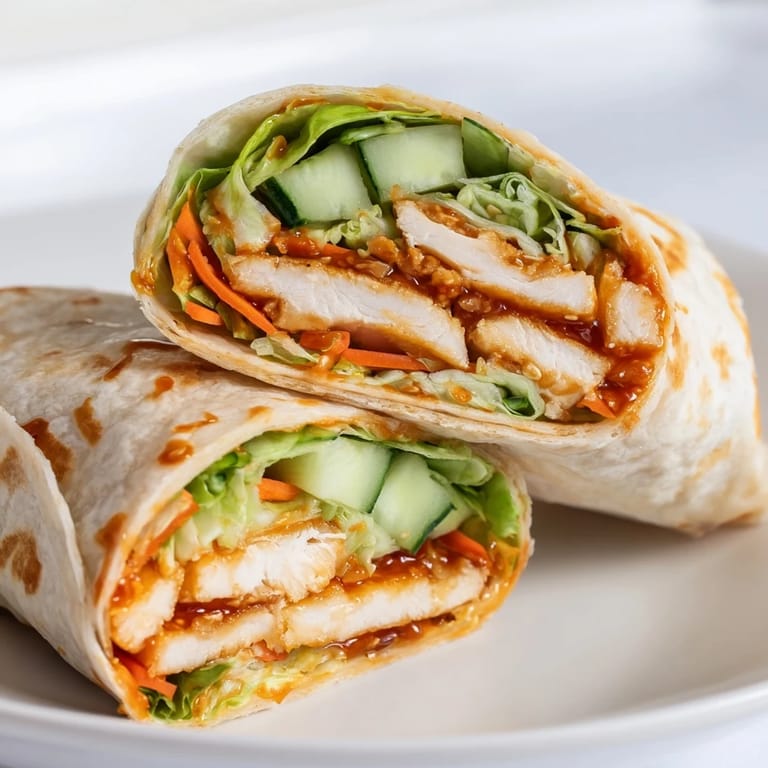 Sliced Honey Chili Crunch Chicken Wrap revealing layers of tender chicken, fresh vegetables, and a glistening honey chili sauce.