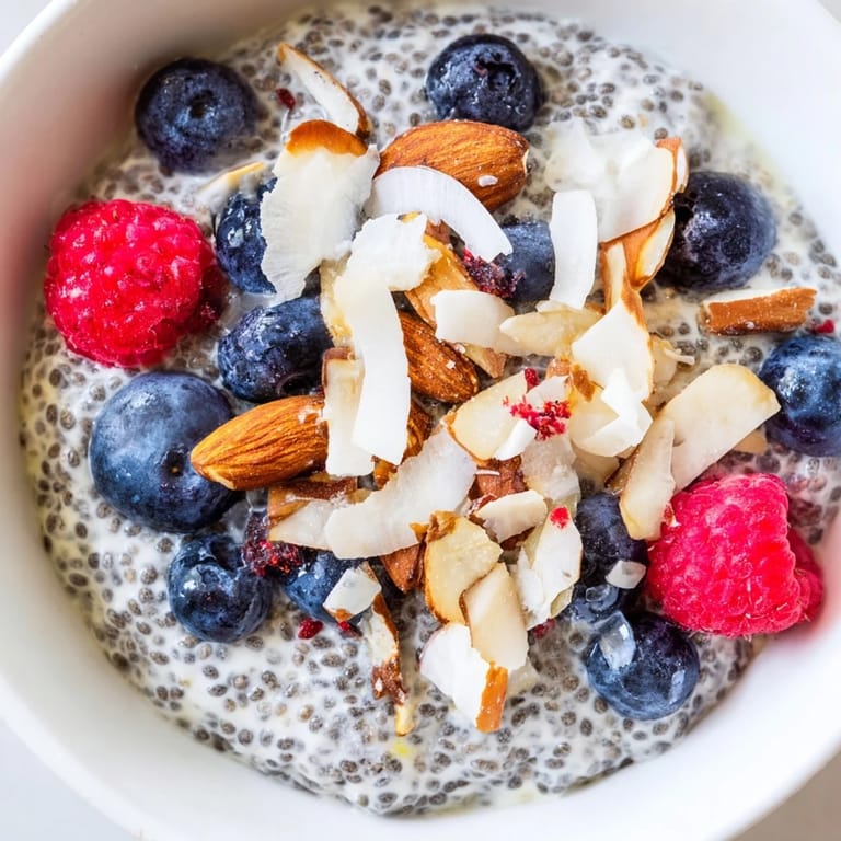 Chilled Poppy Seed Chia Pudding topped with fresh raspberries and blueberries for a nourishing snack.