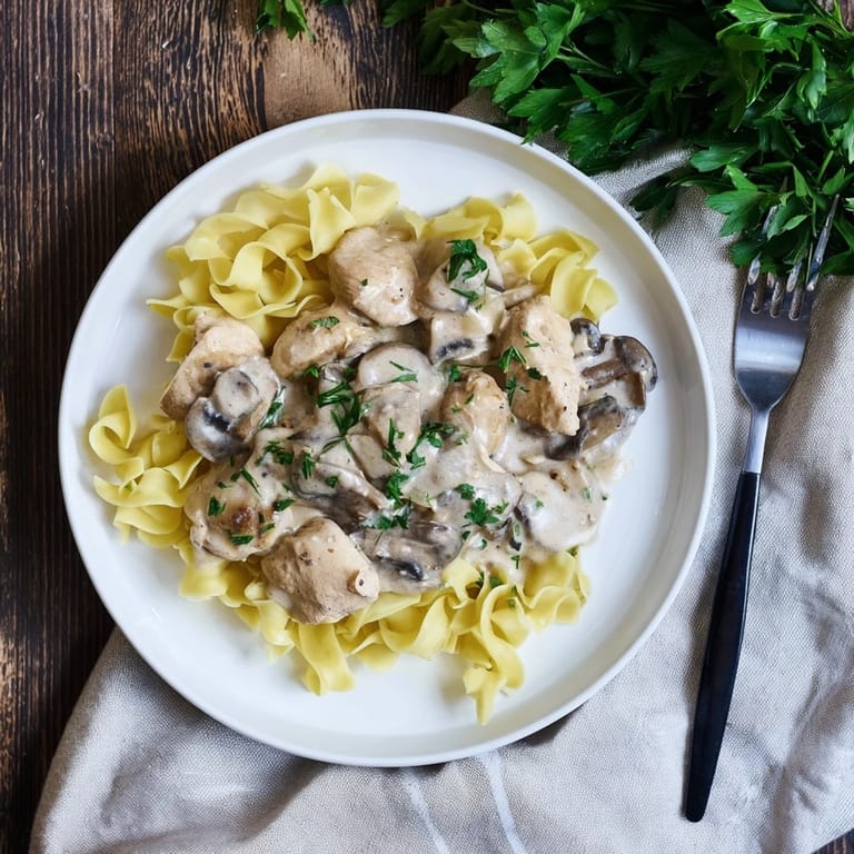 A close-up of Chicken and Mushroom Stroganoff reveals tender meat, sautéed mushrooms, and a velvety sauce garnished with fresh parsley.  
