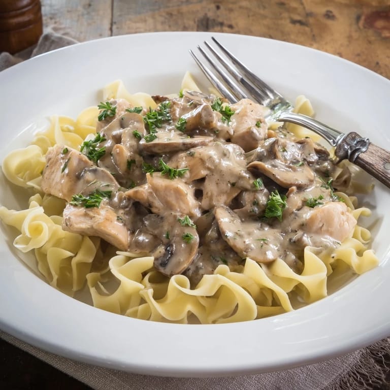 Spoon a generous serving of Chicken and Mushroom Stroganoff over steaming egg noodles, perfect for a cozy weeknight dinner.
