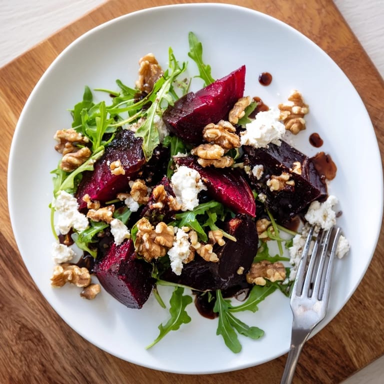 Vibrant Roasted Beet Goat Cheese Salad on a white plate, featuring ruby beets, creamy cheese, and crunchy walnuts for a fresh bite.