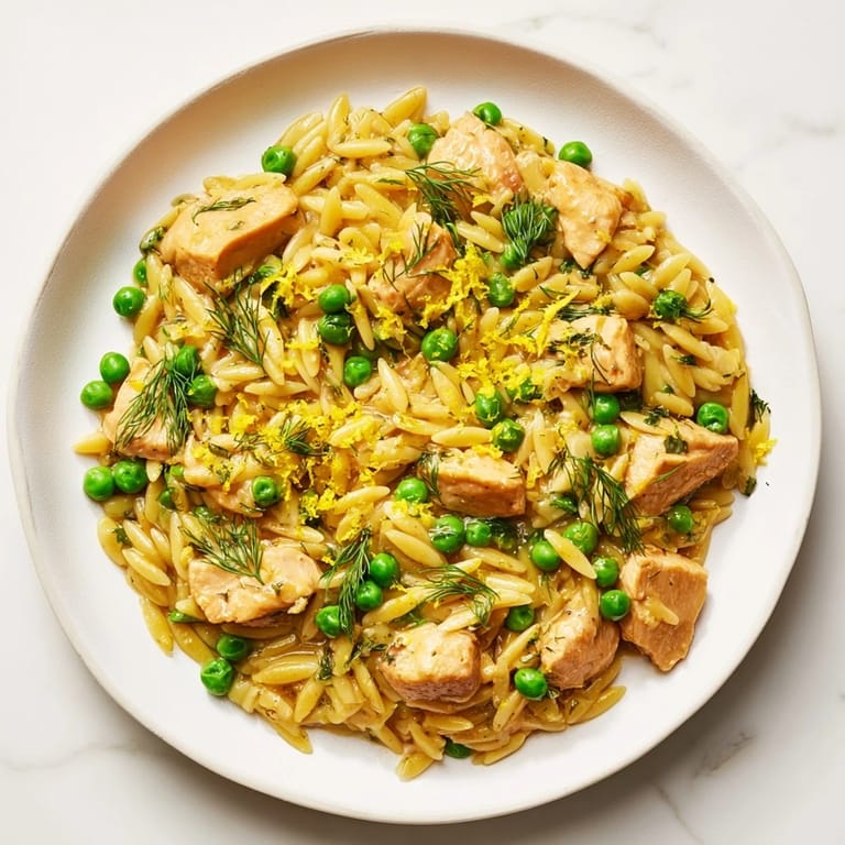 This one-pan Mediterranean-inspired dinner features tender orzo, juicy chicken, and peas simmered in a zesty lemon and herb broth.