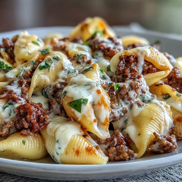 Close-up of creamy beef and shells, rich tomato sauce coating each shell, with chopped fresh parsley garnish for a pop of color.