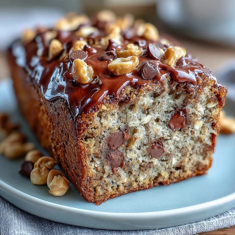 A thick slice of Chocolate Chip Peanut Butter Oatmeal Banana Bread on a wooden cutting board, revealing a moist crumb with oats and chocolate chips.