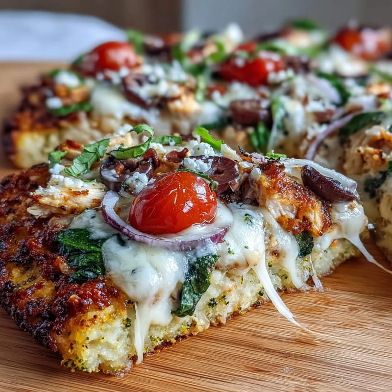 A slice of Broccoli Chicken Crust Pizza being lifted, revealing layers of tomato sauce, spinach, and a sturdy, low-carb chicken and broccoli base.