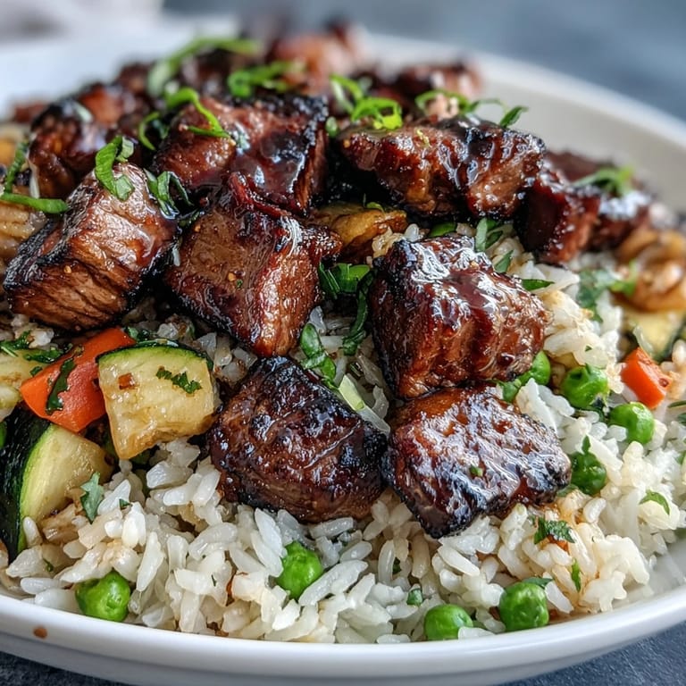 A close view of golden-brown fried rice mixed with sirloin steak, peas, carrots, and zucchini. Easy Hibachi Steak With Fried Rice is garnished with fresh green onions and sesame seeds.