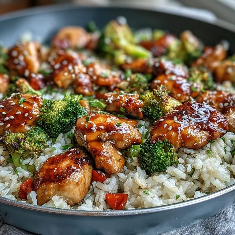 A one-pan honey garlic chicken broccoli rice dinner with tender vegetables and savory, sweet sauce ready to serve for a family meal.