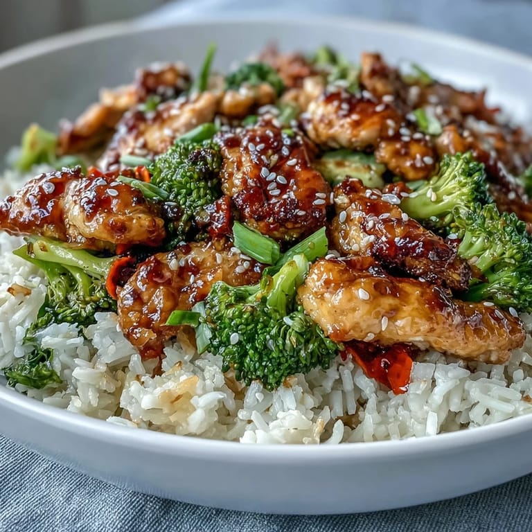 Close-up of juicy chicken, crisp broccoli florets, and steamed rice drizzled with sesame oil and honey garlic sauce, a perfect weeknight dinner.
