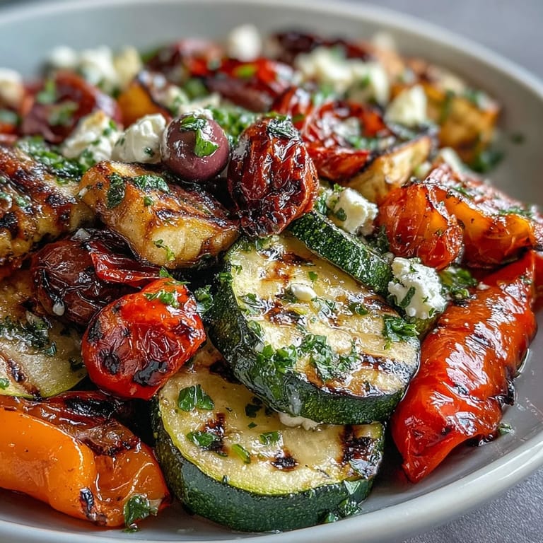 Roasted Greek Salad featuring caramelized Mediterranean vegetables, cucumbers, and a lemon-oregano dressing, served warm as a vibrant main or side dish.