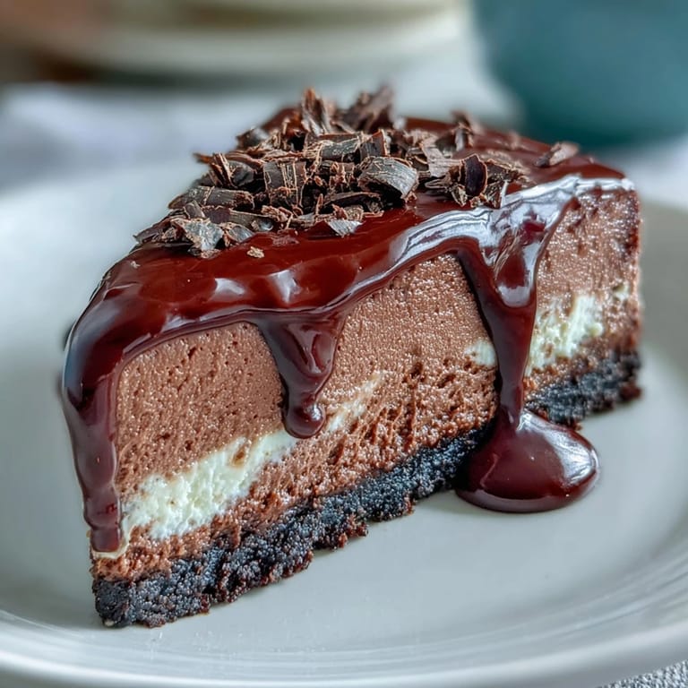 Perfectly set Lighter Chocolate Cottage Cheese Cheesecake with a dense texture and chocolate shavings on top.  