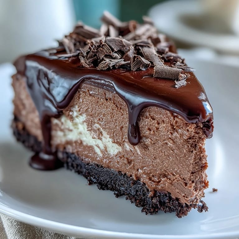 A fork cuts into Lighter Chocolate Cottage Cheese Cheesecake, revealing a creamy, high-protein dessert filling.