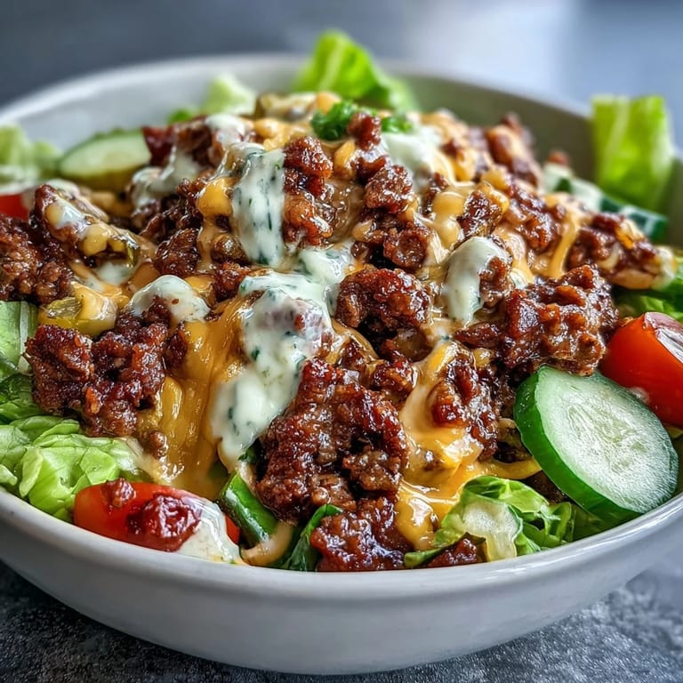 Freshly assembled Easy Big Mac in a Bowl, showcasing juicy ground beef, cherry tomatoes, red onion, dill pickles, and drizzles of homemade secret sauce.