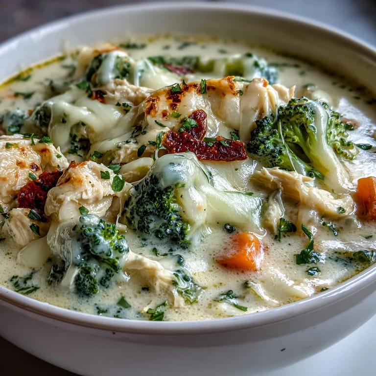 Creamy Chicken Broccoli Cheddar Soup with tender chicken and melted cheddar, served alongside a rustic slice of bread.  