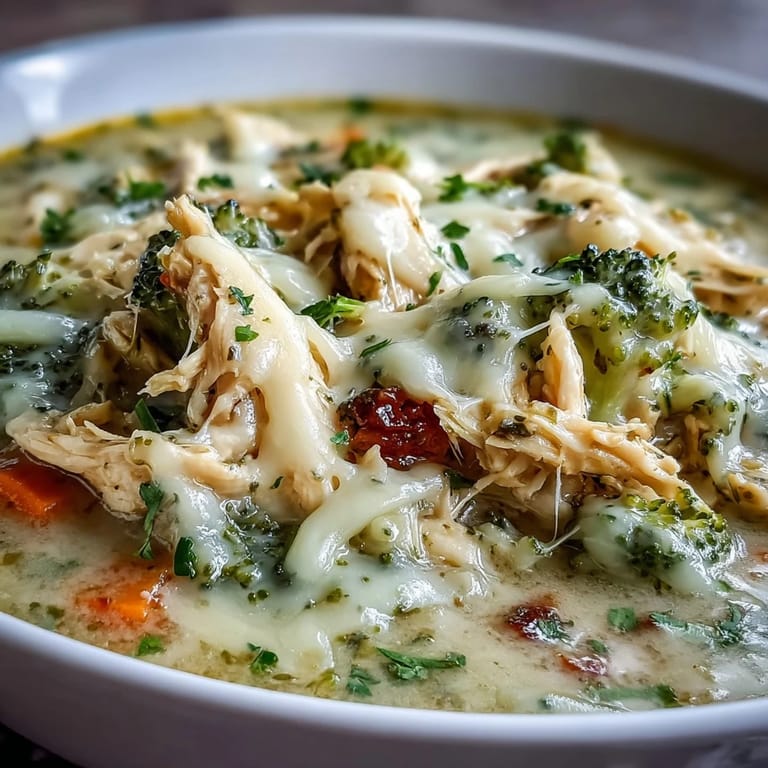 Homemade Chicken Broccoli Cheddar Soup in a white ceramic bowl, featuring vibrant broccoli florets and shredded cheese.
