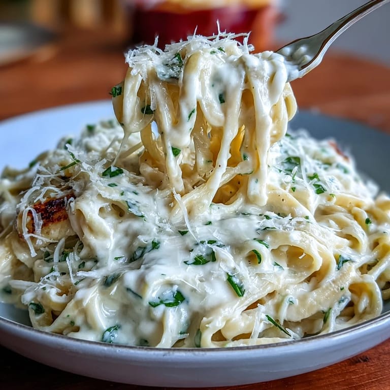 A delicious vegetarian dinner plate with cauliflower Alfredo pasta, a forkful lifted to show the rich, healthy sauce coating every noodle.
