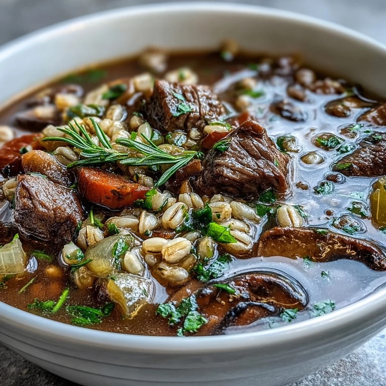 A steaming bowl of Beef and Barley Soup with chunks of beef, diced potatoes, and fresh herbs on a cozy table.  