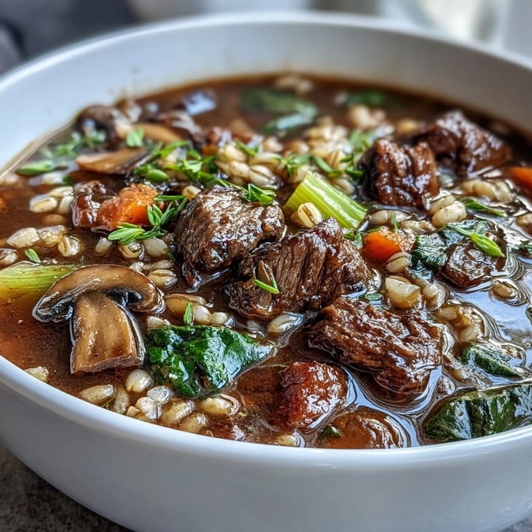 Hearty Beef and Barley Soup served with crusty bread, featuring a colorful mix of vegetables in a savory broth.