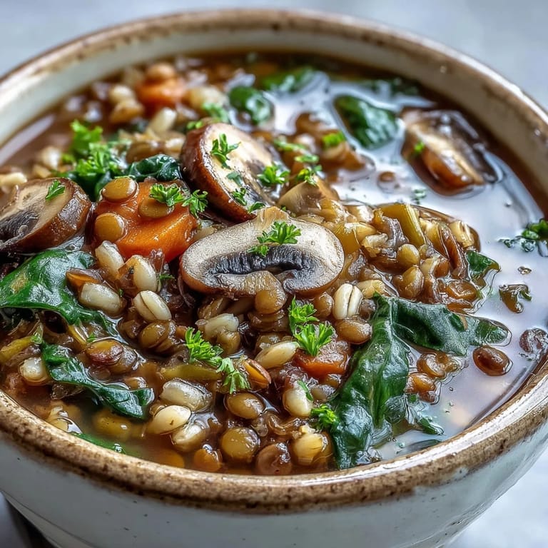 A close-up of Double Lentil and Mushroom Barley Soup showcases sautéed vegetables, hearty barley, and aromatic herbs simmering in a rich, savory broth.