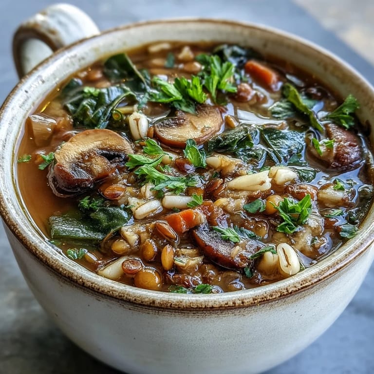 Serve this nourishing Double Lentil and Mushroom Barley Soup with crusty bread, garnished with fresh parsley for a comforting vegan dinner.