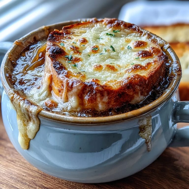 Deep golden caramelized onions create a rich, savory broth in this comforting French Onion Soup.  