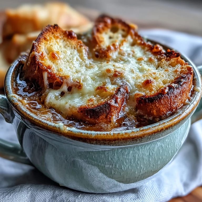 Served in a rustic ramekin, French Onion Soup features crusty bread and melted cheese.