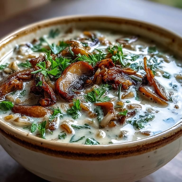Spoon lifting from a creamy bowl of Wild Rice Mushroom Soup, featuring hearty wild mushrooms, carrots, and celery, served as a cozy dinner option.  