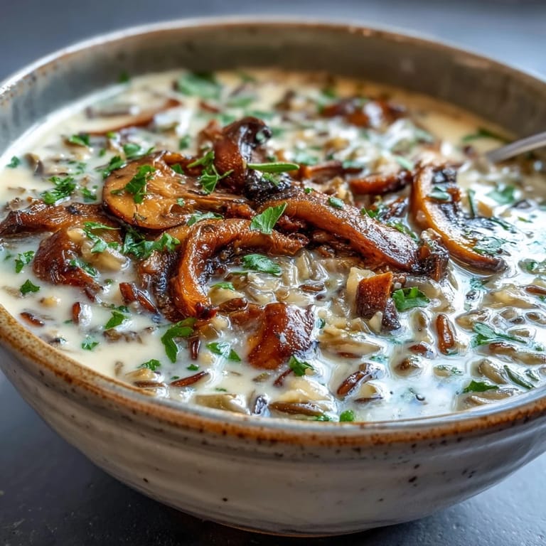 Close-up of rich Wild Rice Mushroom Soup in a rustic bowl, highlighting the nutty rice and savory herbs, ready to enjoy with crusty bread.