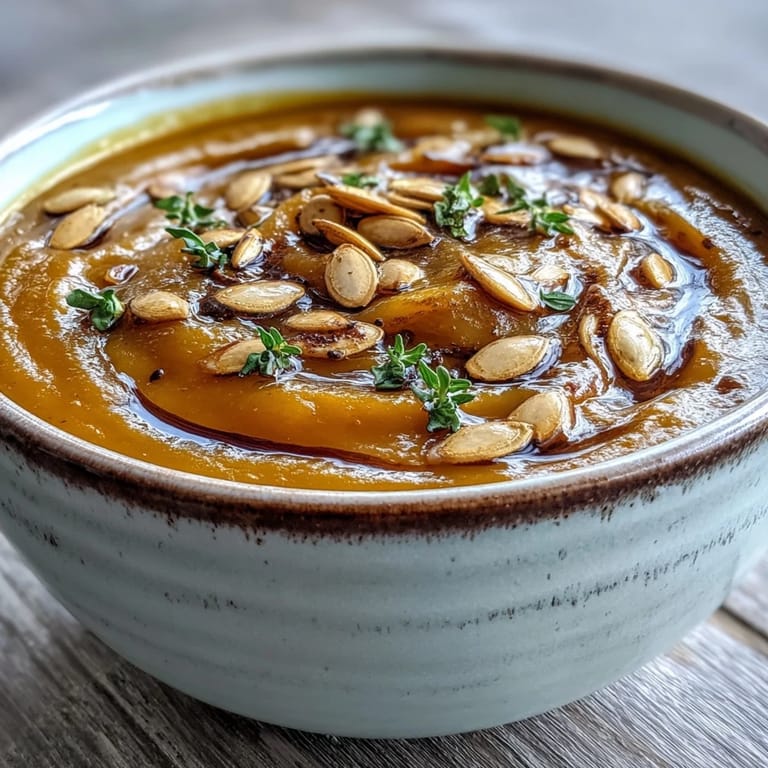 Golden roasted butternut squash soup is served warm in a rustic mug, garnished with fresh thyme and a cinnamon stick on the side.