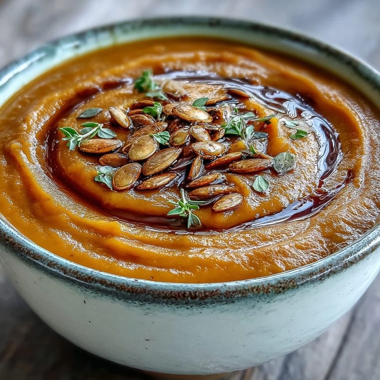A ladle pours velvety butternut squash soup into a bowl, with roasted squash cubes and a side of crusty bread nearby.