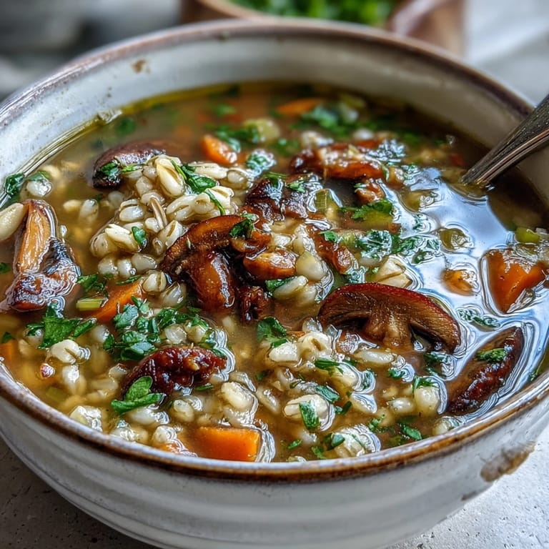 A close-up of hearty Mushroom Barley Soup ladled into a white bowl, showing chunky vegetables and barley.