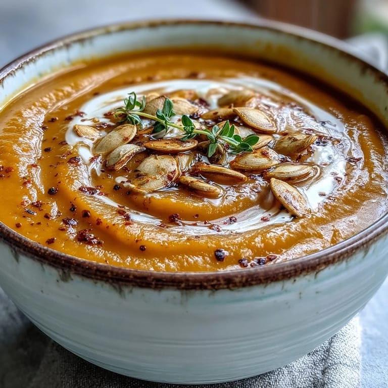 Smooth and velvety Roasted Butternut Squash Soup with a golden hue, ideal for chilly fall evenings.