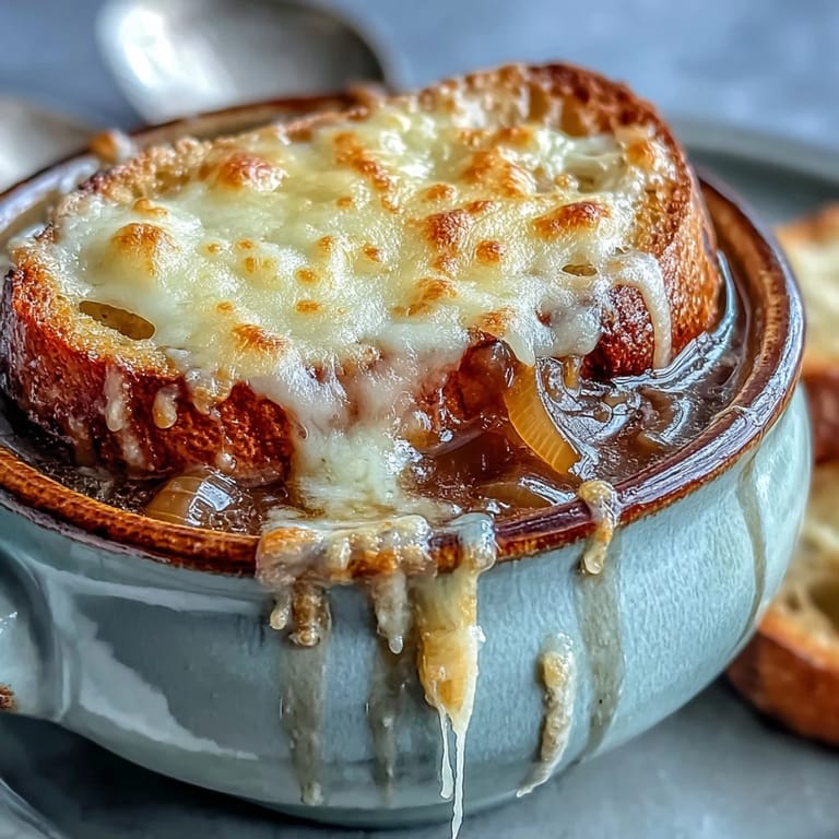 Hearty bowl of Classic French Onion Soup garnished with fresh thyme, showing a spoon dipping into melted cheese and tender onions in a dark, flavorful beef broth.