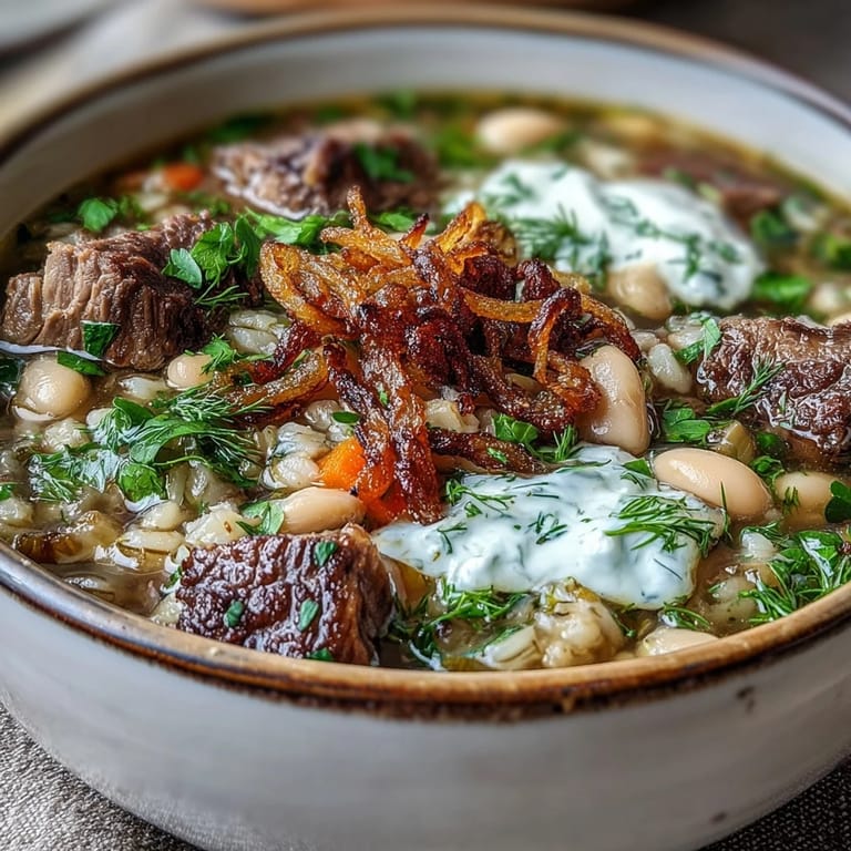 Steaming bowl of homemade beef barley soup, featuring golden mint-fried onions and a creamy swirl of sour cream garnish.
