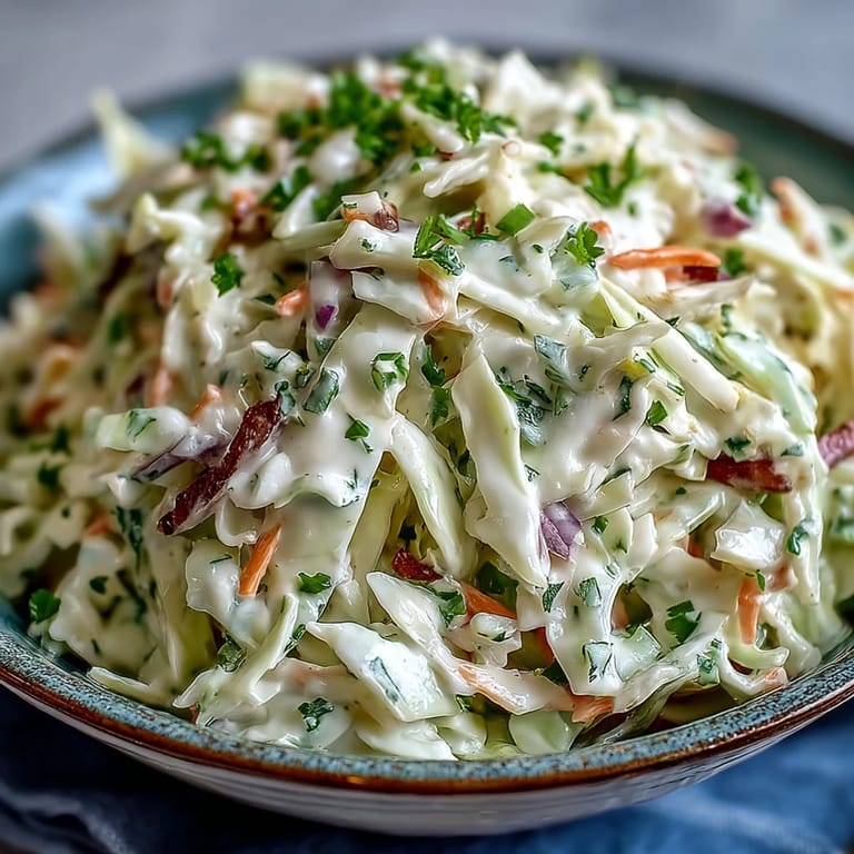 A close-up of Coleslaw With Creamy Dressing highlights shredded vegetables coated in a rich, tangy mayonnaise-based dressing.