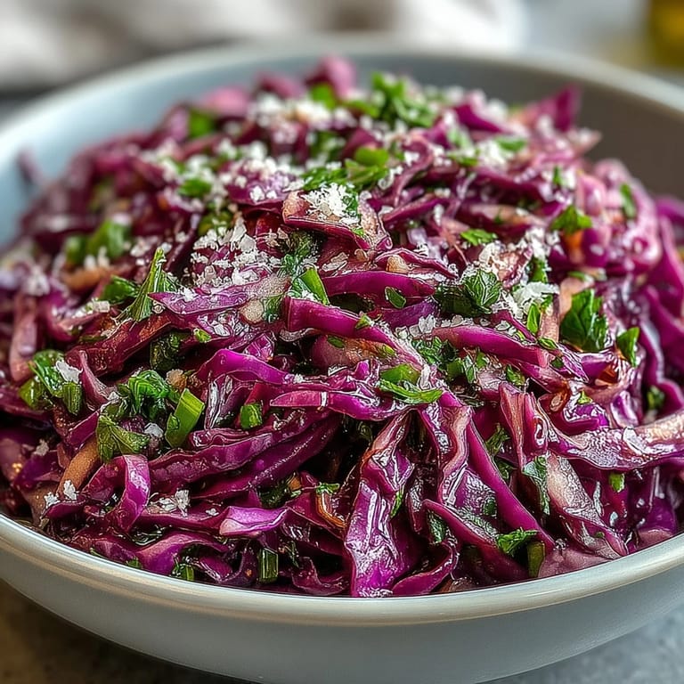 Easy vegetarian side dish, Red Cabbage Coleslaw With Apple and Parmesan, tossed with fresh parsley and ready for a summer barbecue plate.
