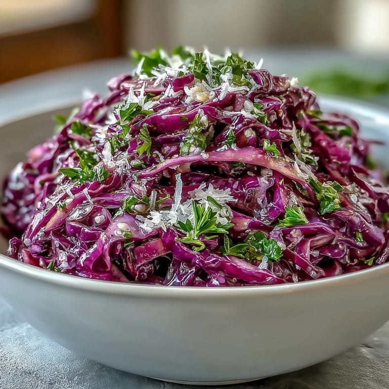 Bright Red Cabbage Coleslaw With Apple and Parmesan topped with shaved cheese, served fresh in a white ceramic salad bowl.