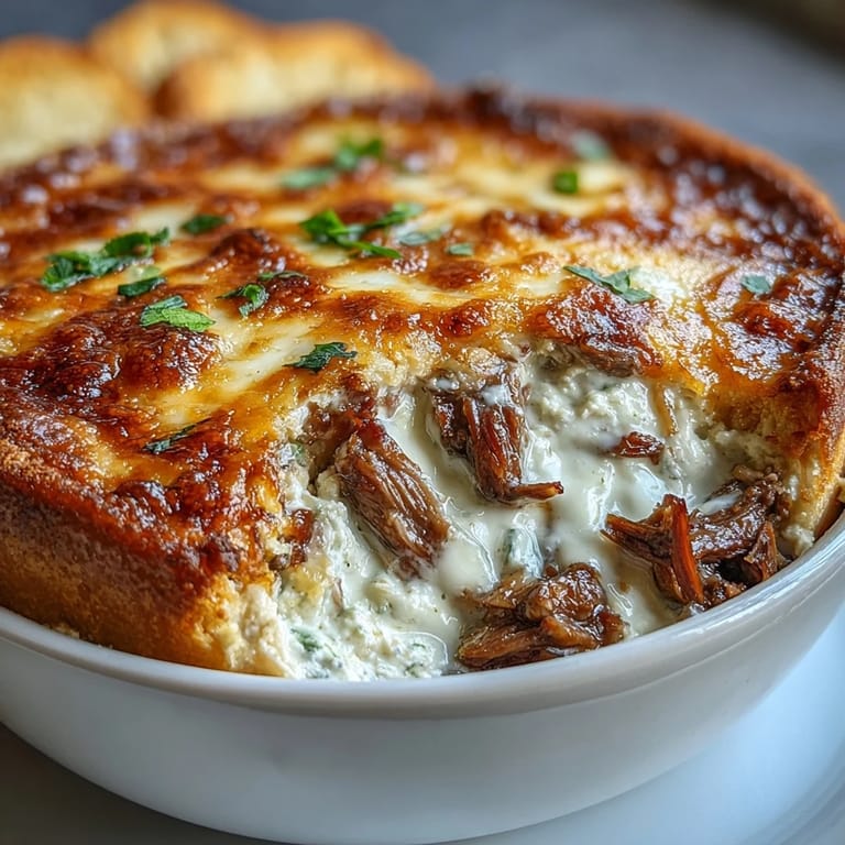 Skillet-sautéed peppers and onions blended into warm Philly Cheesesteak Dip on a serving platter.