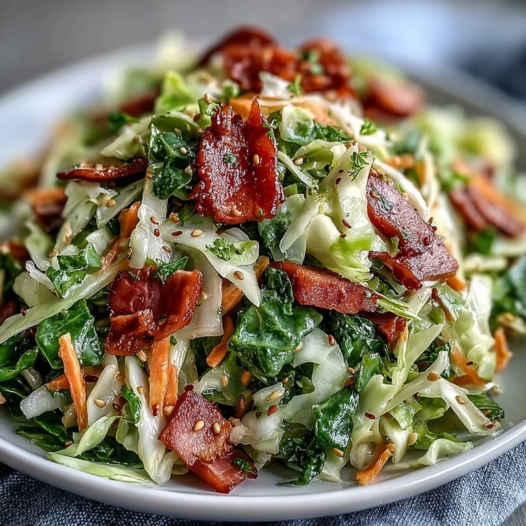 A vibrant bowl of German Cabbage Coleslaw With Shredded Ham featuring crisp shredded cabbage, sweet carrots, and tender smoky ham pieces, drizzled with a golden Dijon-mustard dressing and a sprinkle of caraway seeds.