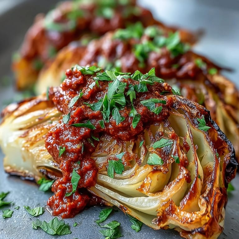 A platter of warm Baked Cabbage Salad With Winter Romesco features caramelized wedges topped with nutty red pepper sauce.