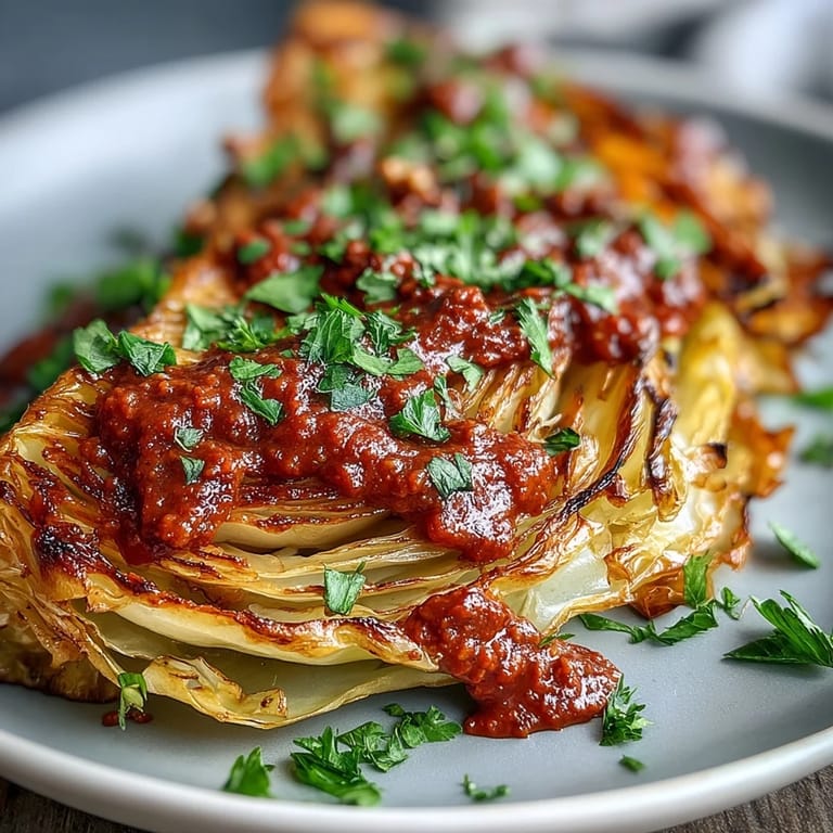 Tender roasted cabbage wedges are generously spooned with rich winter romesco, garnished with toasted walnuts and bright lemon wedges.