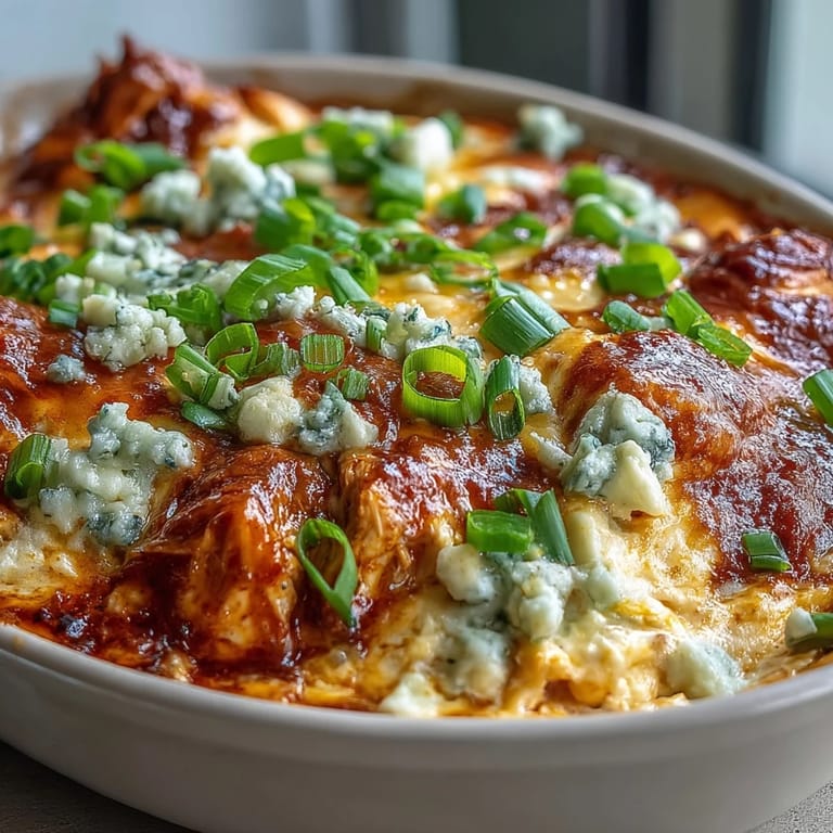 Freshly baked Buffalo Chicken Dip with melted cheese and chopped green onions, ready to scoop with sturdy tortilla chips.