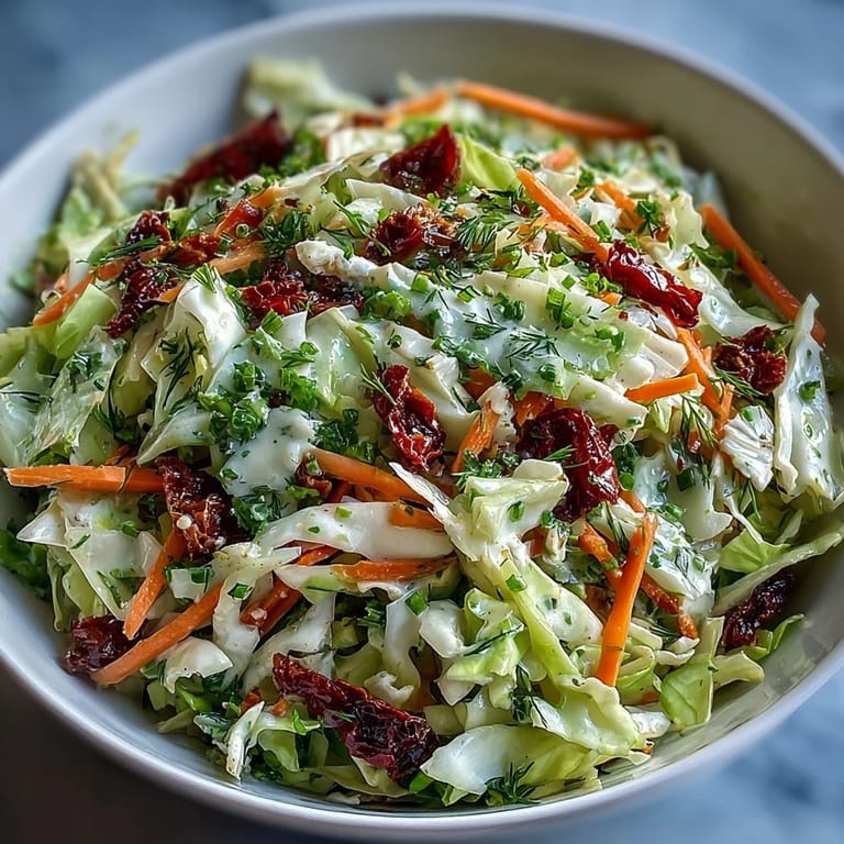 Freshly chopped parsley and dill top this crunchy Cabbage Salad With Sundried Tomatoes for serving.
