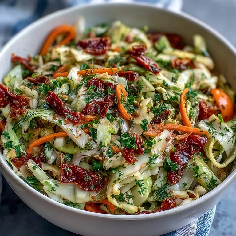 A vibrant plate of Cabbage Salad With Sundried Tomatoes features julienned carrots and red bell peppers.