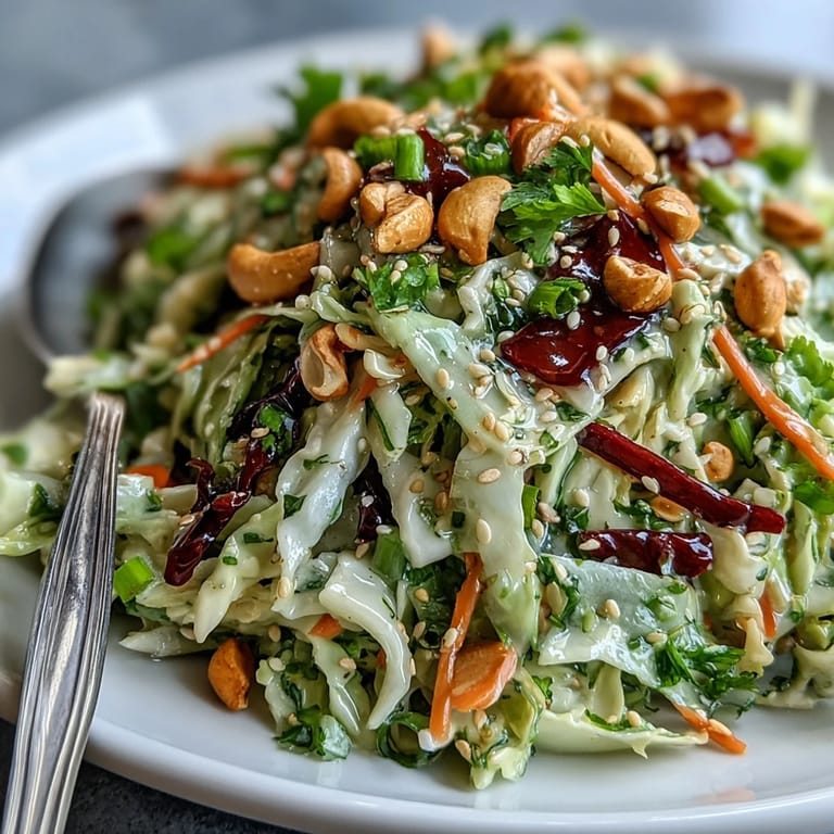 A colorful Asian Cabbage Salad topped with toasted sesame seeds and chopped roasted cashews.