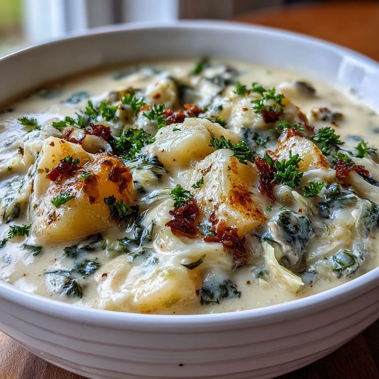 Homemade Creamy Potato Soup with Cabbage ladled beside crusty bread, with visible cabbage and potato chunks.