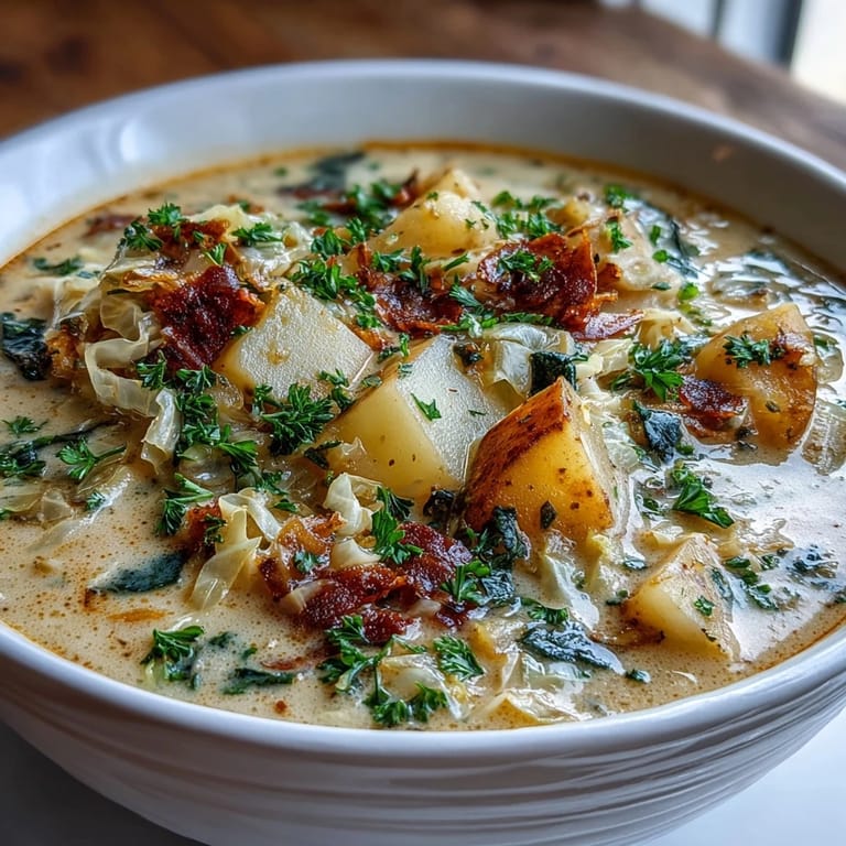 Velvety Creamy Potato Soup with Cabbage topped with fresh parsley, perfect for cozy fall dinners.