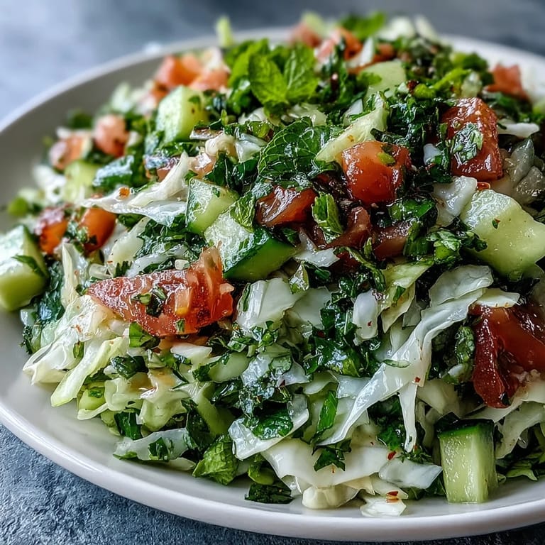 A chilled bowl of Lebanese Cabbage Salad with cucumber, green onions, and a zesty lemon-olive oil dressing.