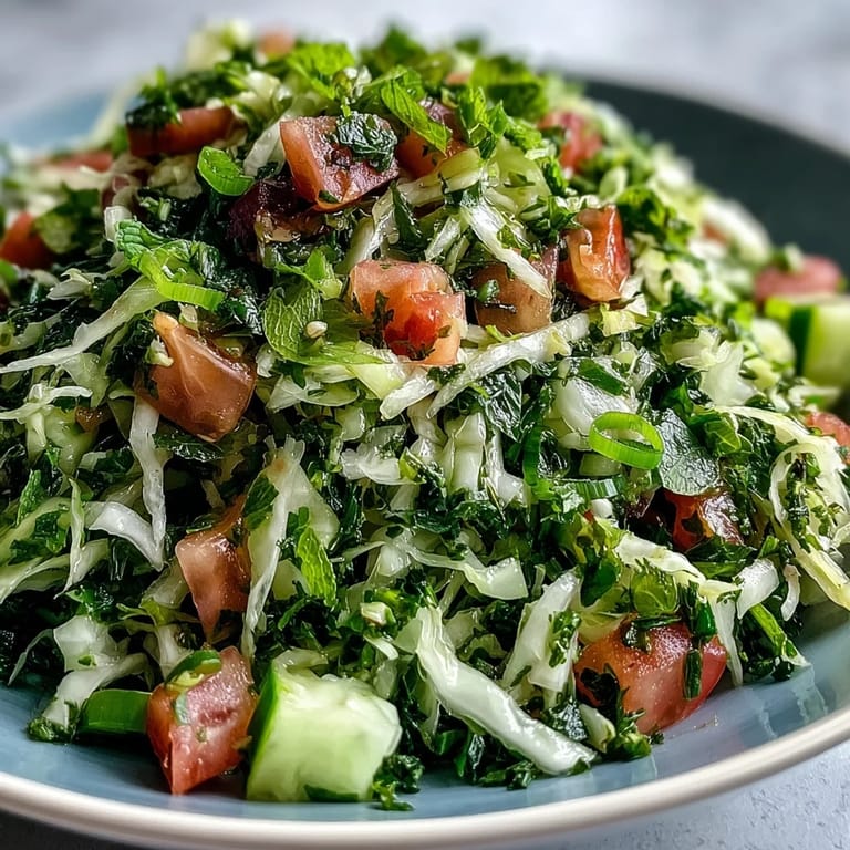 Ready-to-serve Lebanese Cabbage Salad topped with fresh parsley and mint, ideal for summer gatherings or as a light main.