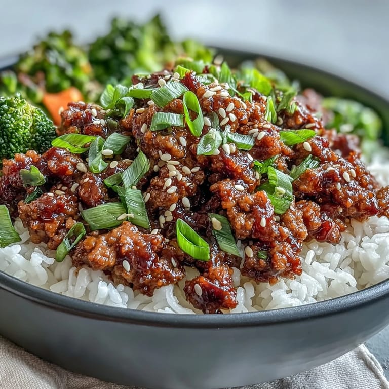 Close-up of glossy Korean-Style Ground Turkey cooked with garlic, ginger, and sesame oil, showing juicy, savory meat.