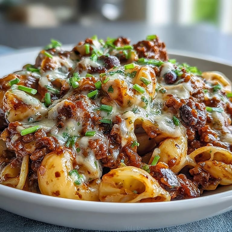 Hearty One-Pan High Protein Chili Mac with melted cheddar and smoky spices is ready to eat, garnished with crushed tortilla chips and extra shredded cheese.
